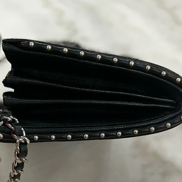 Lambskin Chevron Quilted Studded Clutch with Chain Black - Picture 4 of 6